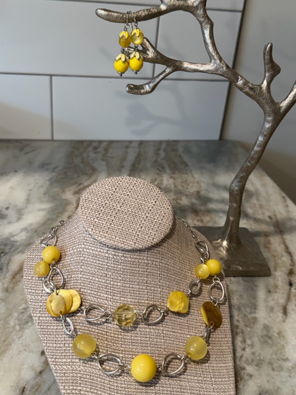 Yellow Bead and Chain Women's Necklace & Earrings Set